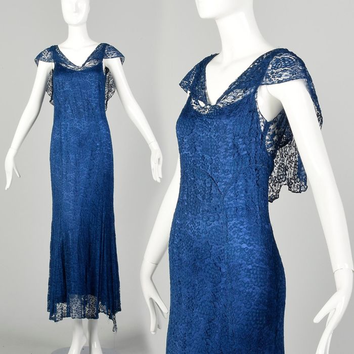 Small 1930s Dress Royal Blue Lace Gown Damaged As Is