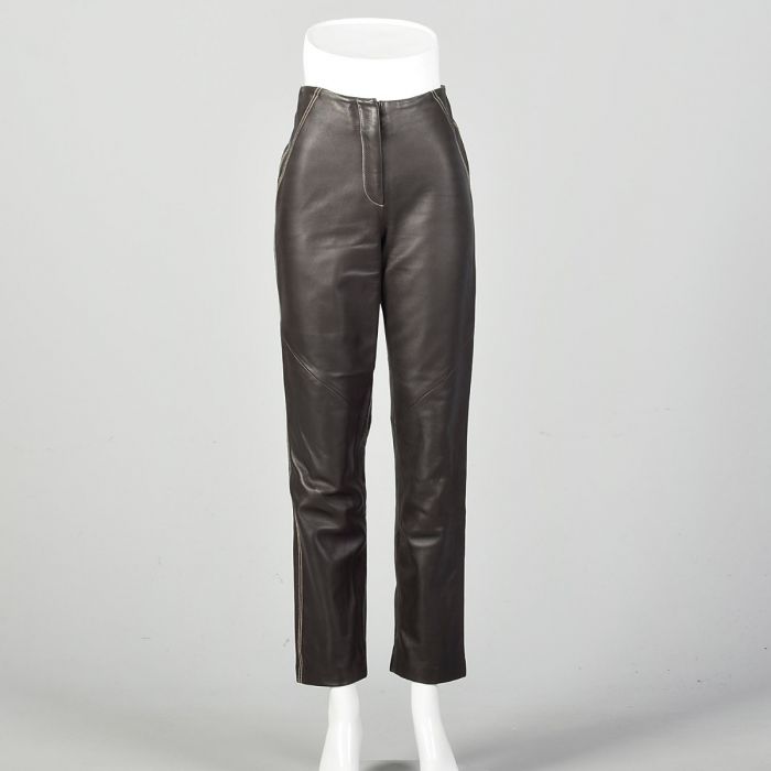 small-dark-chocolate-brown-leather-pants-high-rise-with-top-stitch-detail-fashion-conservatory