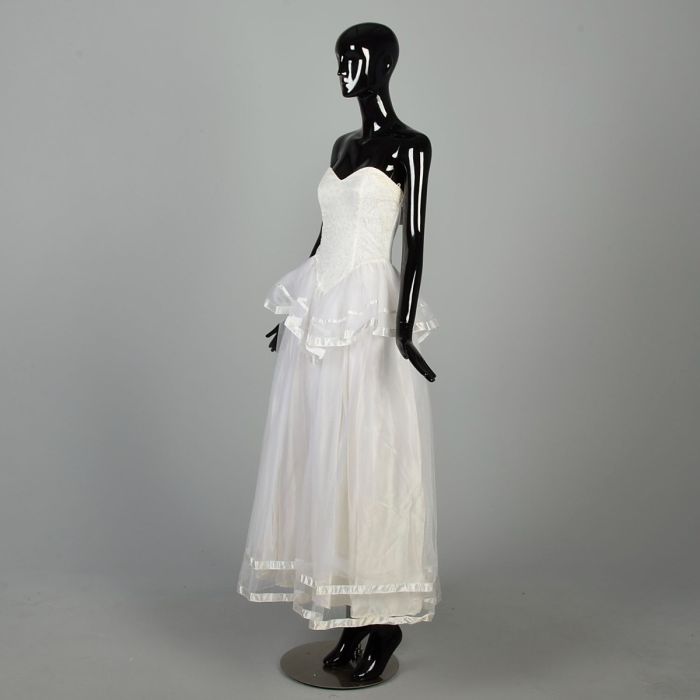 XS/Small 1980s Sweetheart Dress Prom Wedding Strapless Gown Tea Length Dress Formal Peplum Dress