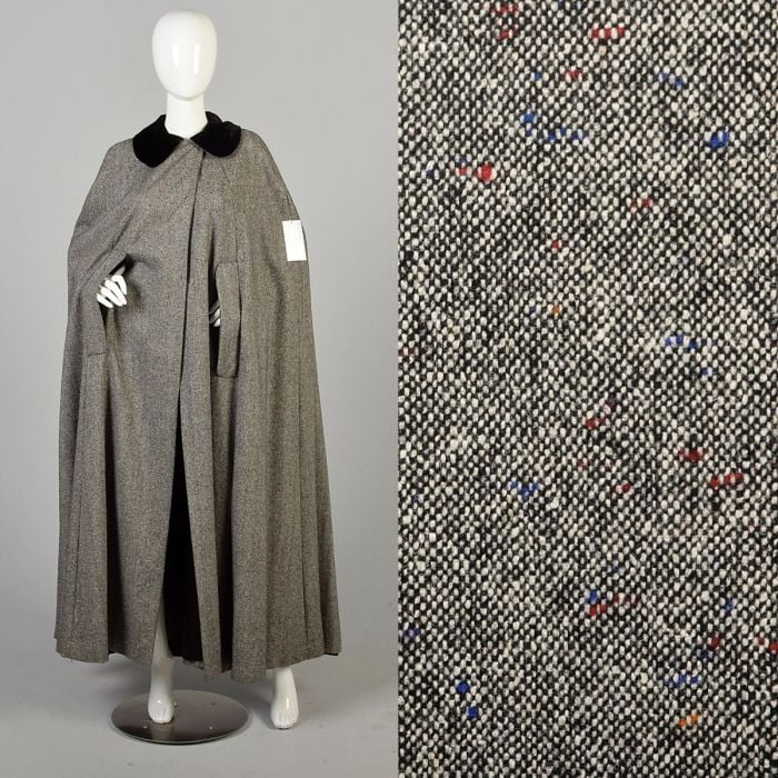 1970s Gray Full Length Maxi Cape Flecked Wool Tweed Cloak Velvet