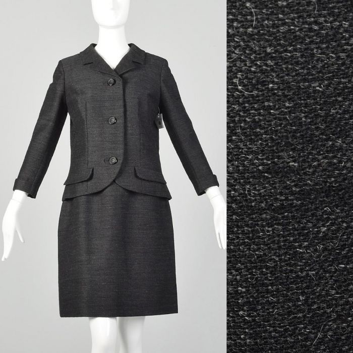XS 1960s Skirt Suit Pierre Balmain Charcoal Gray Wool Blazer