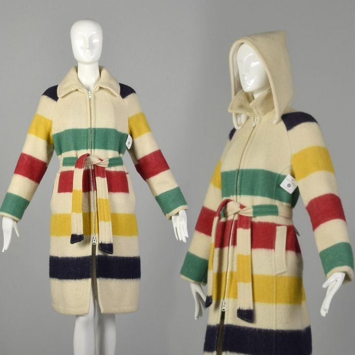 Medium 1970s Coat Hudson Bay Company Blanket Coat Wool Cream Striped