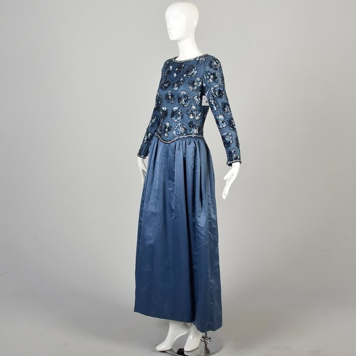 Small 1990s Victoria Royal Evening Gown Beaded Long Sleeve Formal Dress Blue Satin