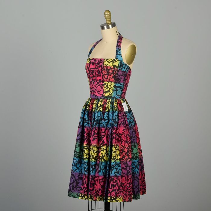 XXS 1950s Rainbow Novelty Print Cotton Halter Sun Dress