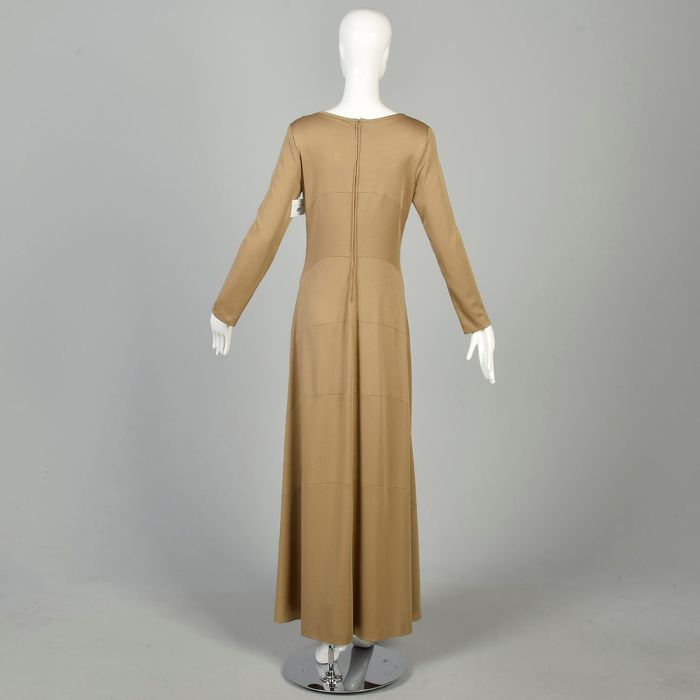 S | 1970s Tan Long Sleeve Maxi Dress by Allison Ayres