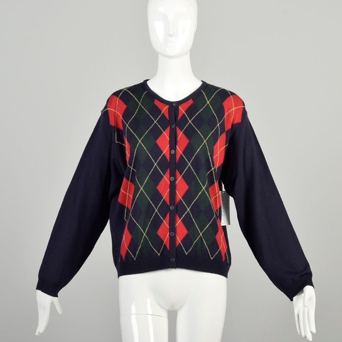 L-XL 1990s Argyle Cardigan Red Green Navy Blue Lightweight Preppy