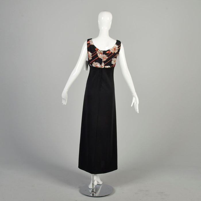 M-L 1970s Black Dress Red Tan Floral Empire Waist Bodice Sleeveless Deep Scoop Neckline Maxi Dress