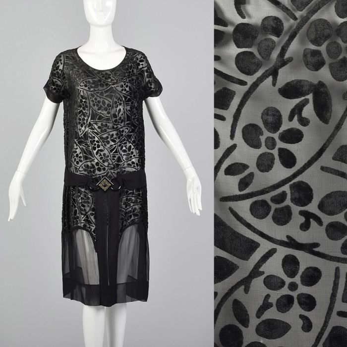 Small 1920s Dress Black Drop Waist Art Deco Buckle Sheer Burnout Velvet  Devore Flapper | Fashion Conservatory