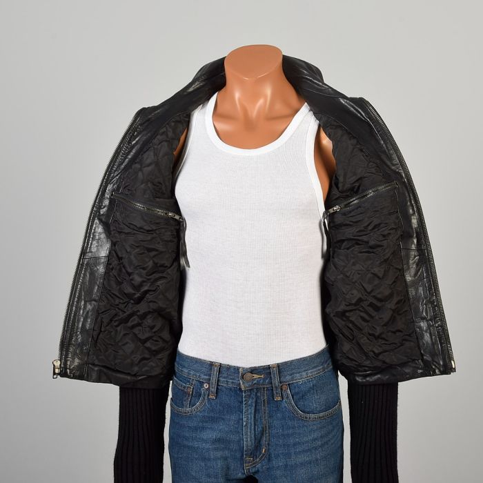 Large 2000s Black Leather Jacket with Ribbed Knit Sleeves