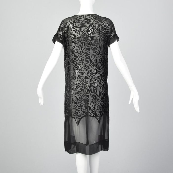 Small 1920s Dress Black Drop Waist Art Deco Buckle Sheer Burnout Velvet Devore Flapper Small 1920s Dress Black Drop Waist Art Deco Buckle Sheer Burnout Velvet Devore Flapper