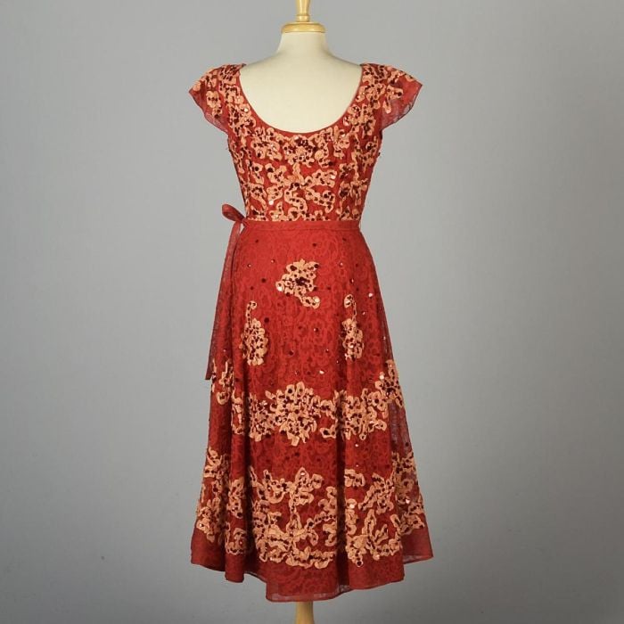 Medium 1940s Red Lace Midi Dress Tea Length Party Summer Evening Short Sleeve | Fashion Conservatory Medium 1940s Red Lace Midi Dress Tea Length Party Summer Evening Short Sleeve | Fashion Conservatory