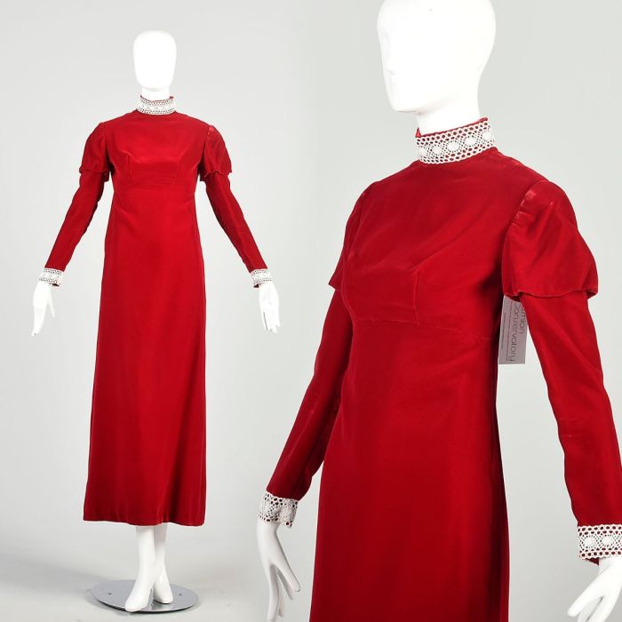 XS 1970s Red Velvet Dress Long Juliet Sleeve High Neck White Lace Trim Empire Waist Maxi Dress