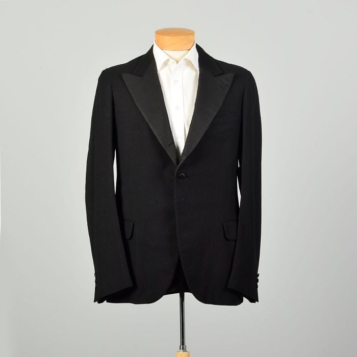 41L Small 1920s Black Grosgrain Suit Jacket One Button Peak Lapels