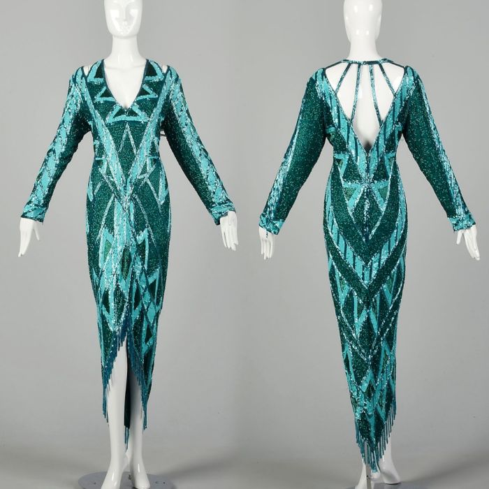 Size 12 1980s Bob Mackie Bugle Beaded and Sequin Gown Caged Back Hi Low Beaded Fringe Hem Size 12 1980s Bob Mackie Bugle Beaded and Sequin Gown Caged Back Hi Low Beaded Fringe Hem
