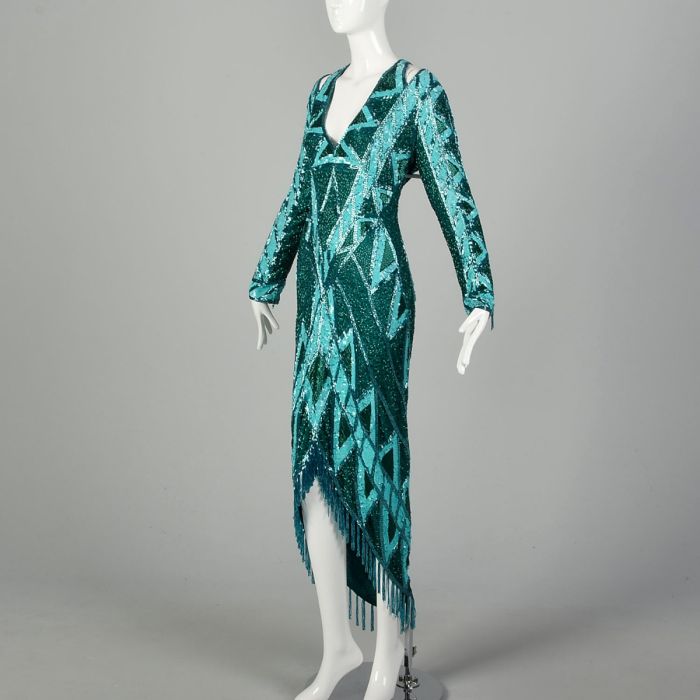 Size 12 1980s Bob Mackie Bugle Beaded and Sequin Gown Caged Back Hi Low Beaded Fringe Hem Size 12 1980s Bob Mackie Bugle Beaded and Sequin Gown Caged Back Hi Low Beaded Fringe Hem