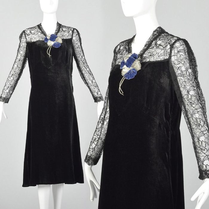 Medium 1930s Black Dress Velvet Long Sleeve Sheer Lace Floral Applique Old Hollywood Glamour Medium 1930s Black Dress Velvet Long Sleeve Sheer Lace Floral Applique Old Hollywood Glamour