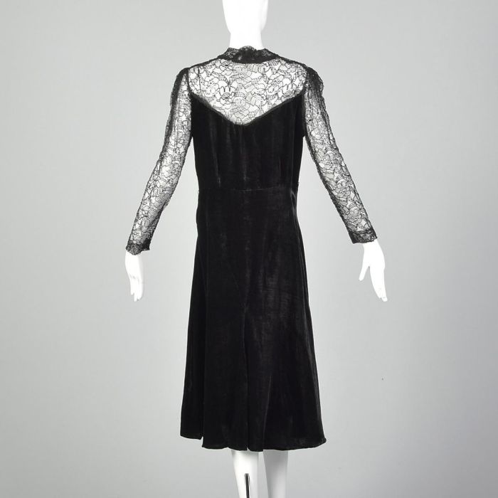 Medium 1930s Black Dress Velvet Long Sleeve Sheer Lace Floral Applique Old Hollywood Glamour Medium 1930s Black Dress Velvet Long Sleeve Sheer Lace Floral Applique Old Hollywood Glamour