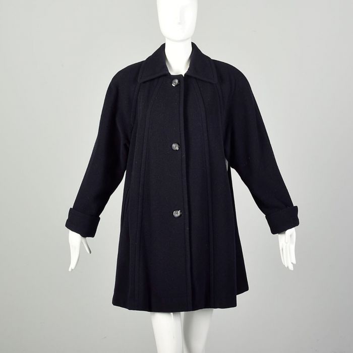 Medium 1980s Navy Blue Swing Coat Lamb's Wool Cuffed Sleeves Classic ...