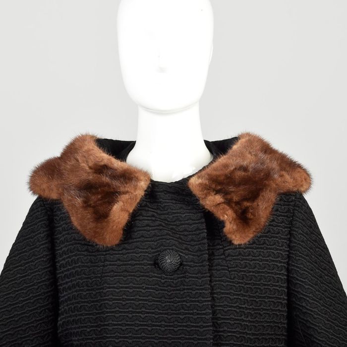 M | 1960s Patterned Black Winter Coat w/Mink Collar by Len Artel