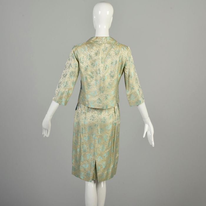 XS 1960s Teal Silver Gold Tones Set Metallic Floral Brocade Elbow Sleeve Jacket Pencil Skirt Outfit
