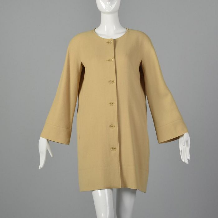 Large 1980s Jean Muir Beige Jacket Minimalist Wool Crepe Tan Coat