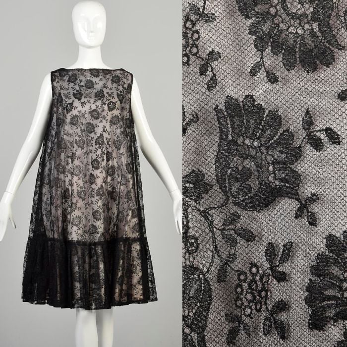 Large 1960s Black Lace Overlay Swing Dress Sleeveless Ruffle Hem A-Line Knee Length Dress