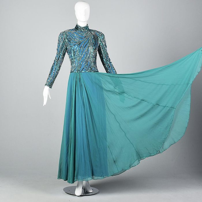 Large 1980s Bob Mackie Evening Blue Chiffon Evening Gown Beaded Bodice