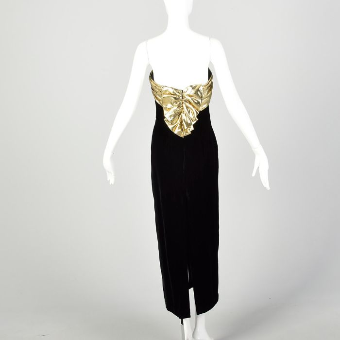 Small 1980s Lillie Rubin Dress Strapless Black Velvet Formal Evening Gown