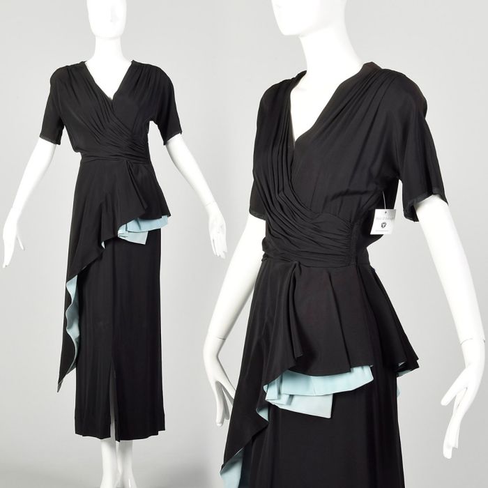 Small 1940s Dress Frank Starr Black Evening Gown Rayon Asymmetric Peplum Sash Small 1940s Dress Frank Starr Black Evening Gown Rayon Asymmetric Peplum Sash