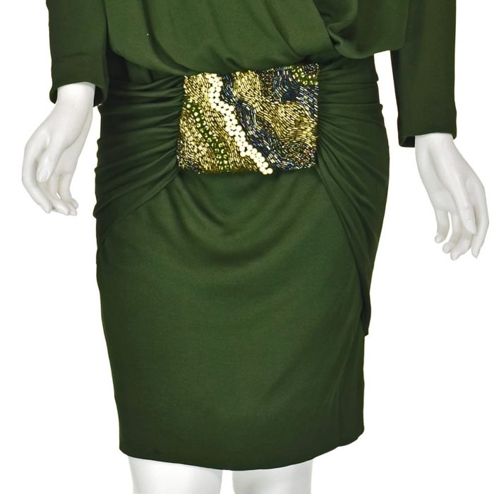 ABBY FREDELLE Vintage Olive Green Silk Jersey Knit Beaded Cocktail Dress SZ  MED | Fashion Conservatory