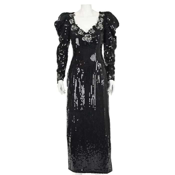 ALYCE DESIGNS Vintage 1980s Black Sequined Formal Evening Gown with Open  Back SIZE 6 | Fashion Conservatory