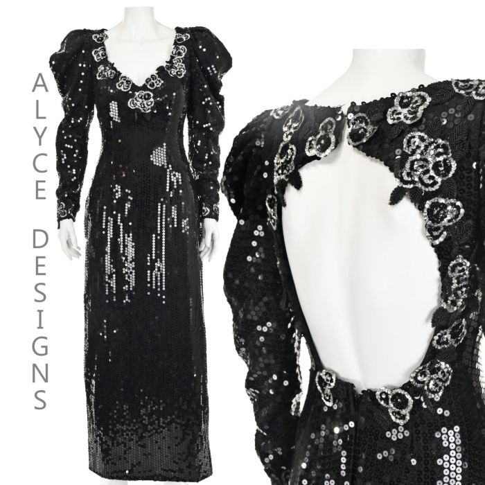 ALYCE DESIGNS Vintage 1980s Black Sequined Formal Evening Gown
