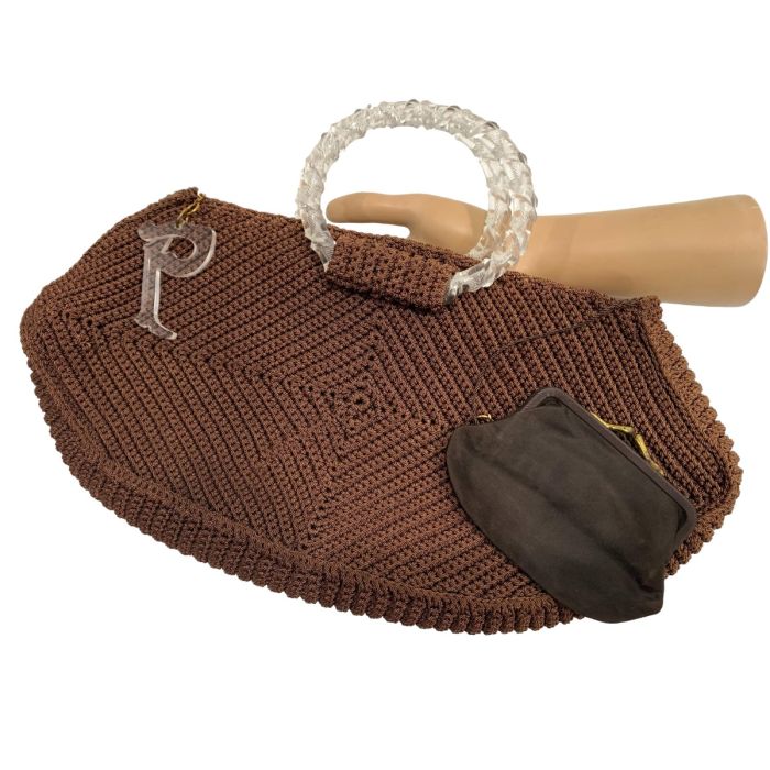 40s Large Brown Crochet Bag w Clear Lucite Handles Change Purse