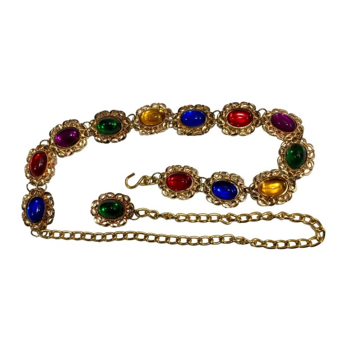 80s Gold Plastic Chain Belt w Jelly Belly Jewel Tone  display picture 1