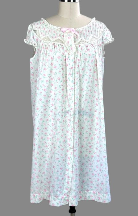 Vintage 80s Sweet Pink Rose Cotton Nightgown, Button Front with