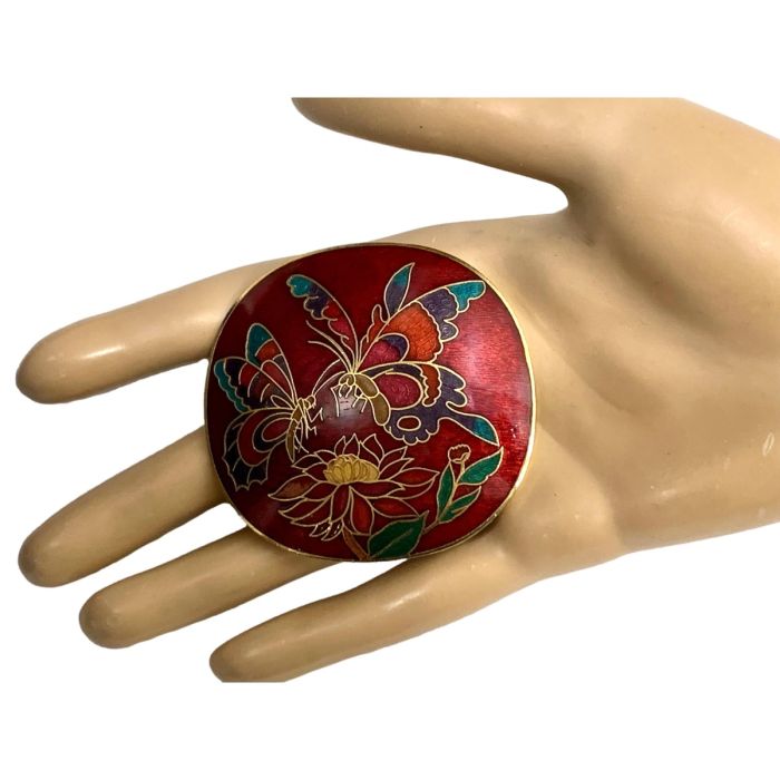 70s Red & Gold Butterfly Cloisonné Belt Buckle | Fashion  display picture 2