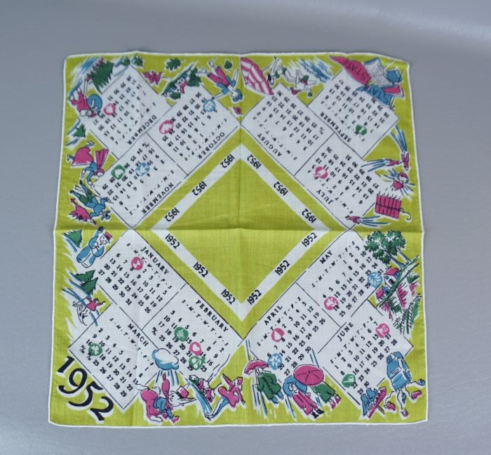 1952 Lime Green and White Calendar Handkerchief, Seasonal Theme ...