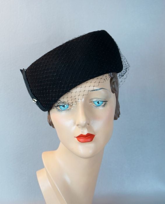 60s Black Wool Veiled Pillbox Hat by Caprice, Sz 22 | Fashion Conservatory