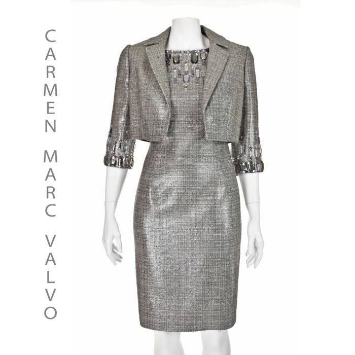 CARMEN MARC VALVO Vintage Metallic Silver and Black Bejeweled Dress and  Cropped Jacket Size 0-2 XS | Fashion Conservatory