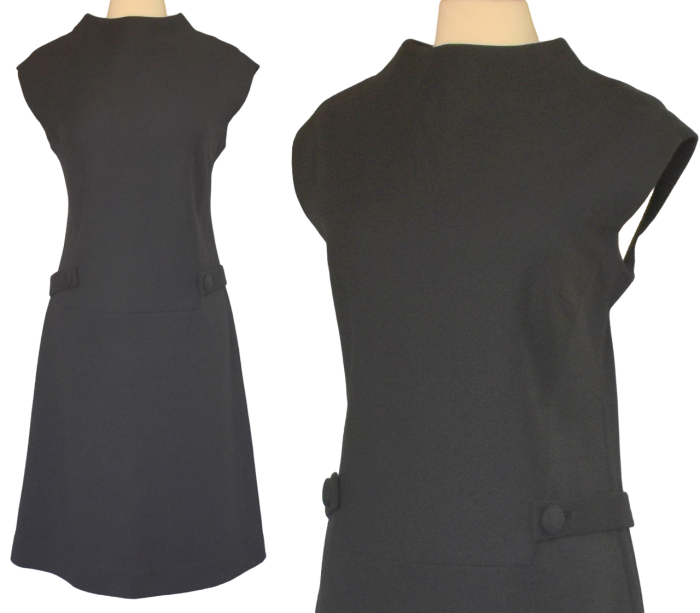 Vintage 60s Black Mod Dress, Designer Butte Knit Wool Jersey, Half Belt,  Size L Large