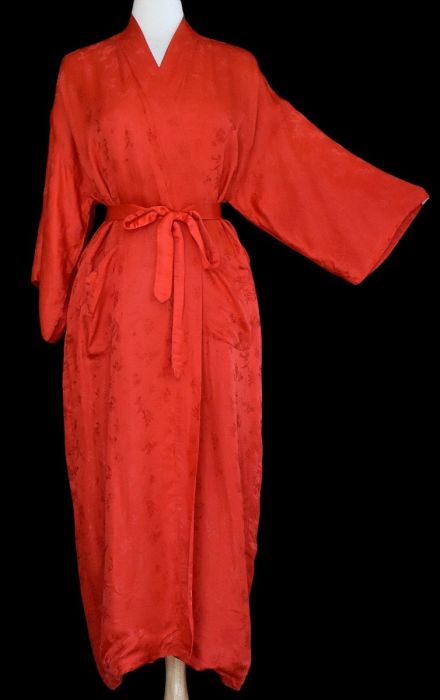 Vintage 80s Red Silk Wrap Robe, Asian Chinoiserie Jacquard Ankle Length ...