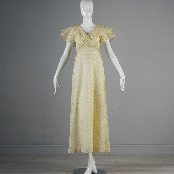 XS Yellow Maxi Dress 1970s Eyelet Lace Ruffled Collar Empire Waist Prairie