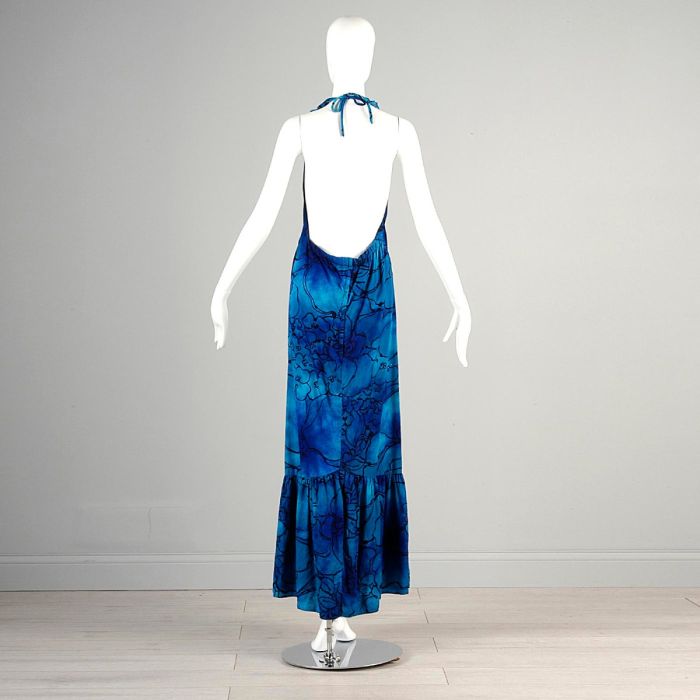 sachin and babi light blue dress XS Blue Maxi Dress 1970s Black Floral Hawaiian Print Halter Neck Low Cut  Back