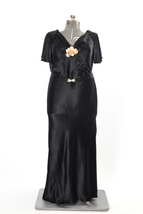 1930s Black Satin Caped Flutter Sleeve Bias Cut Plus Size Art Deco