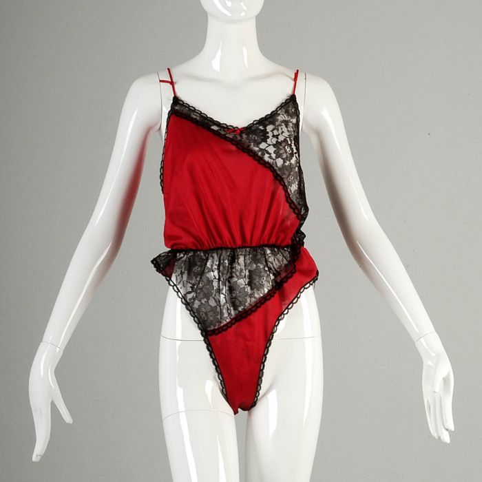Large 1980s Lingerie Vintage Red Teddy Sexy Black Lace French Cut