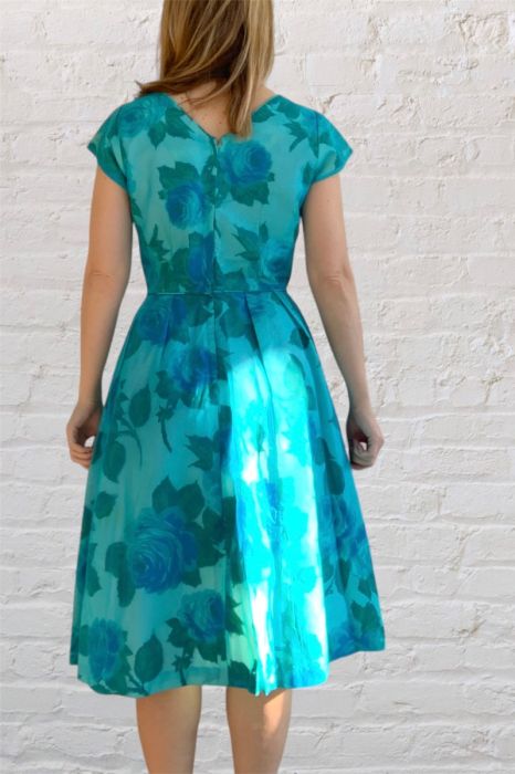 blue floral 50s dress Blue Floral Off the Shoulder 50s Dress  Leanne Choi