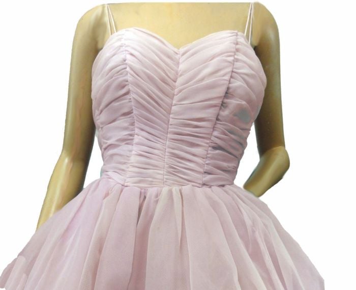 Vintage 50s Prom Dress Ball Gown Orchid Pink Sheer Chiffon Full Skirt  Sweetheart Neckline Spaghetti | Fashion Conservatory