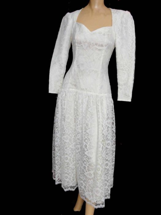 Vintage 80s Party Dress Gunne Sax Off White Lace Wedding Dress Dropped  Waist Open Back | S/M | Fashion Conservatory