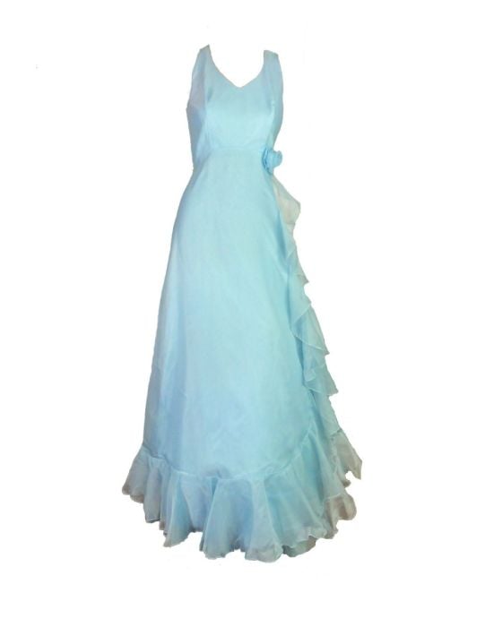 Vintage 70s Formal Baby Blue Prom Dress Ball Gown w Sheer Cape Jacket Bridesmaid 70s