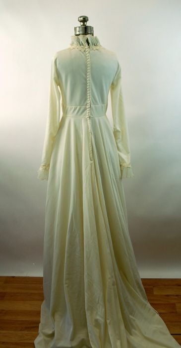 Vtg 70s Edythe Vincent Alfred deals Angelo High Neck Lace Sleeve Pleated Wedding Dress